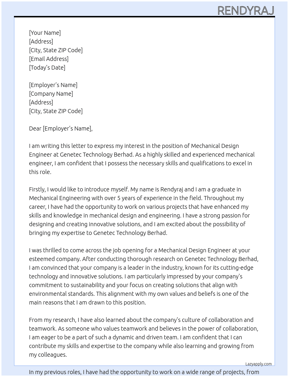 Mechanical Design Engineer At GENETEC TECHNOLOGY BERHAD Cover Letter