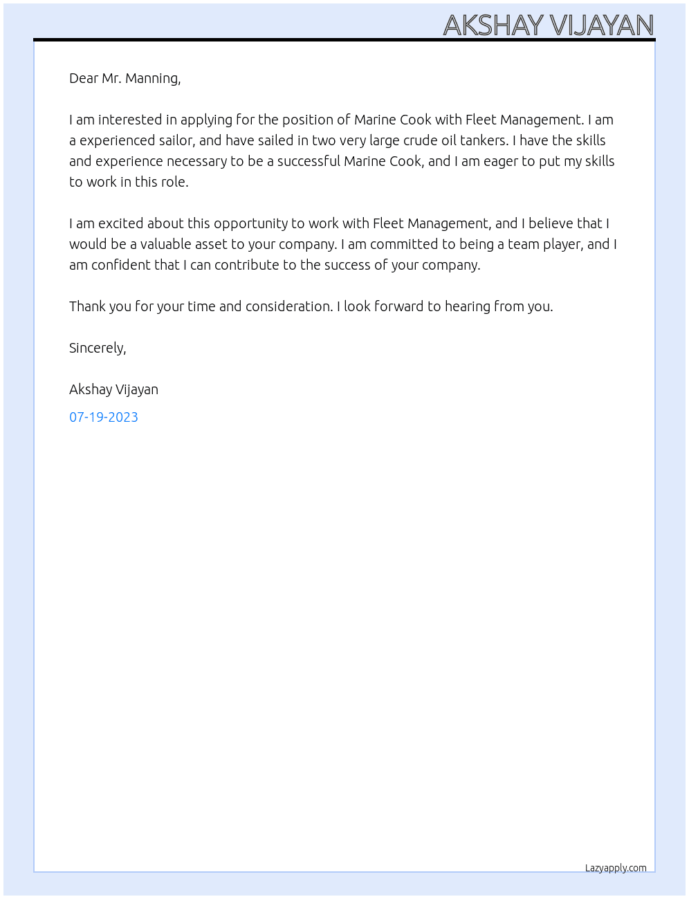 Marine cook At Fleet management Cover Letter