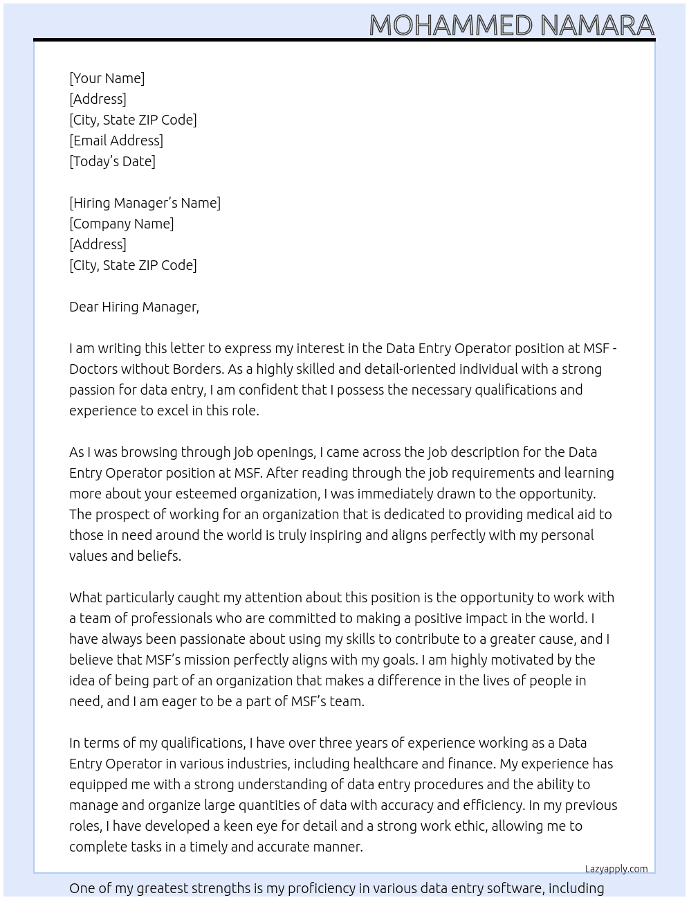 Data Entry Operator  At MSF - Doctors without borders Cover Letter
