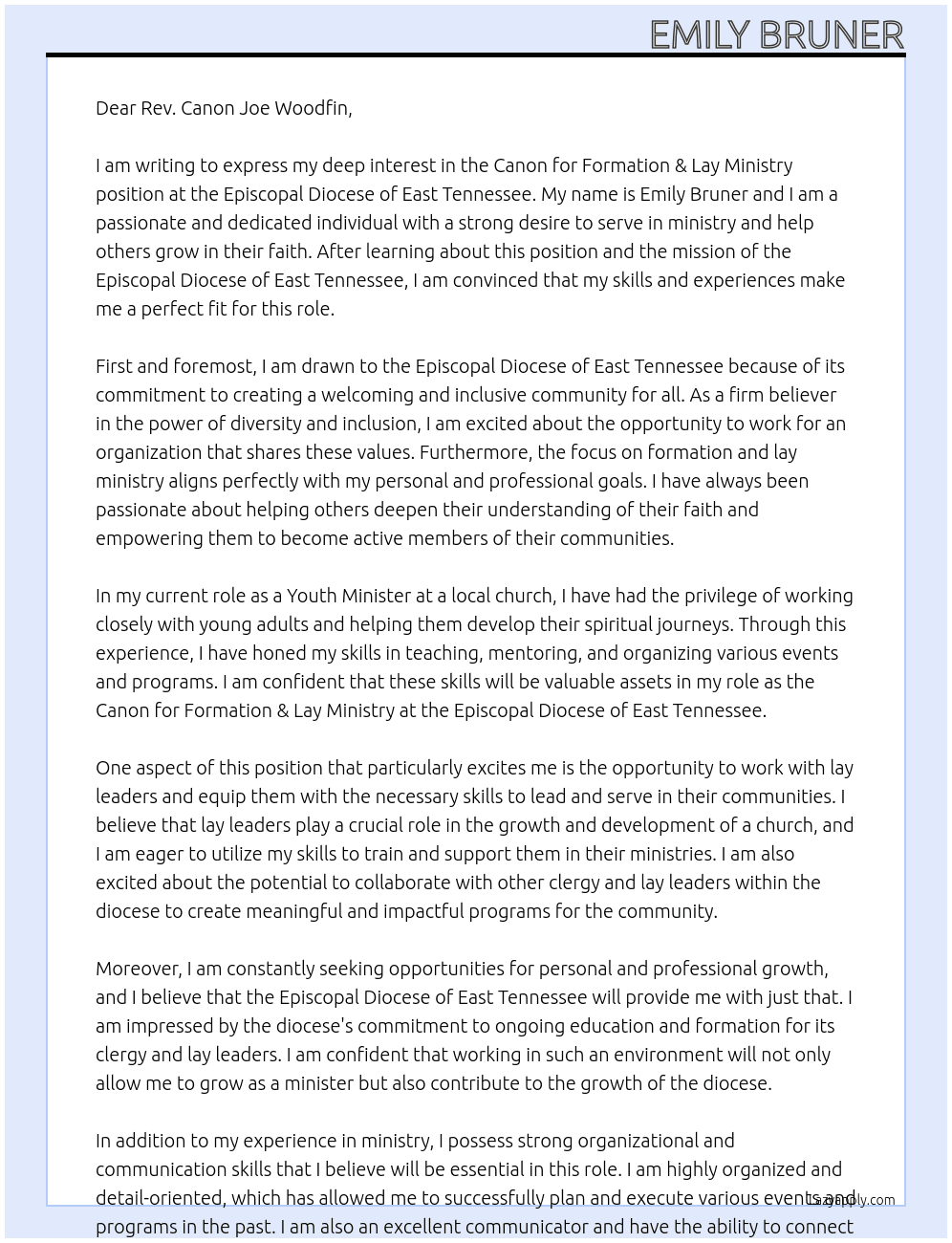 Canon for Formation & Lay Ministry At Episcopal Diocese of East Tennessee Cover Letter