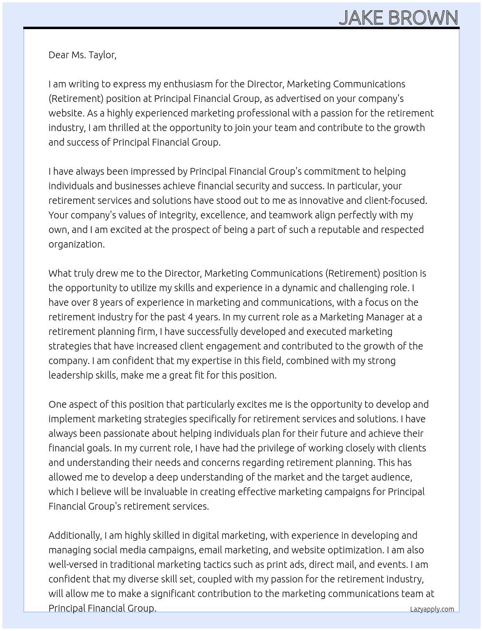 Director, Marketing Communications (Retirement) At Principal Financial Group Cover Letter