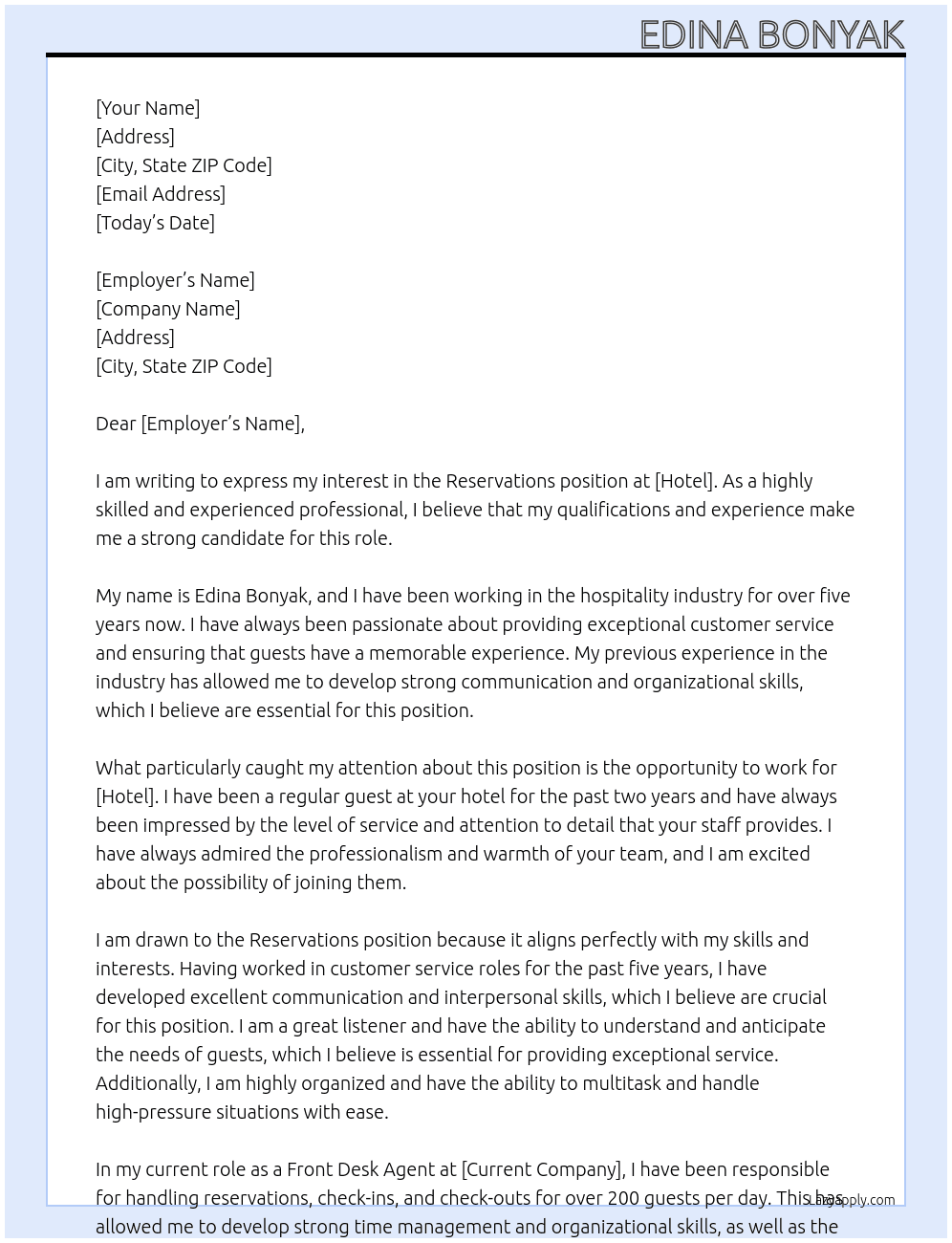 reservations At Hotel Cover Letter