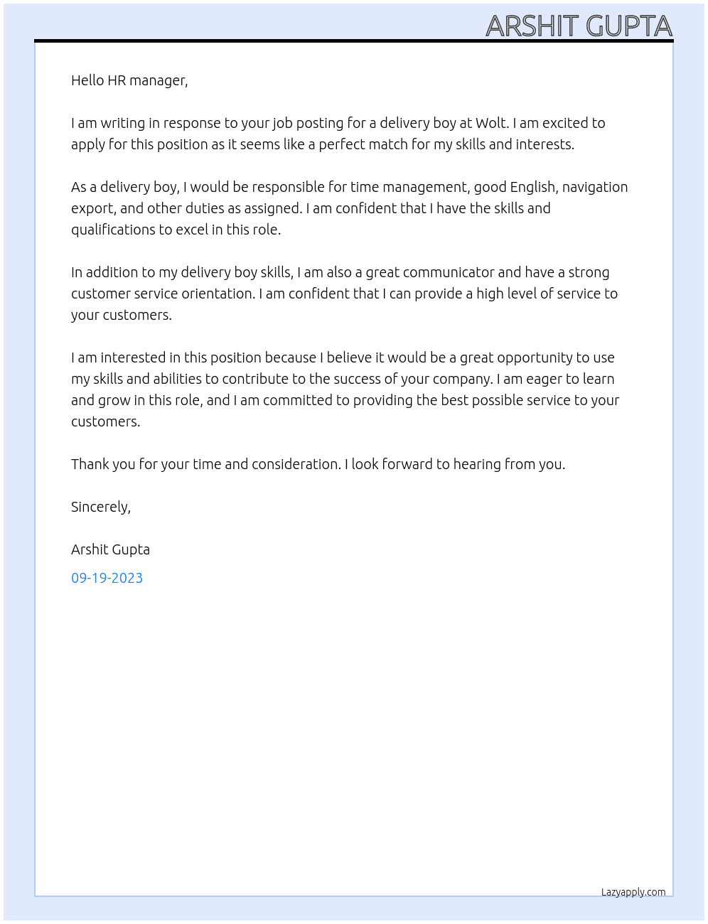 Delivery boy At Wolt Cover Letter