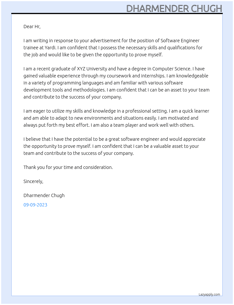 Software Engineer trainee At Yardi Cover Letter