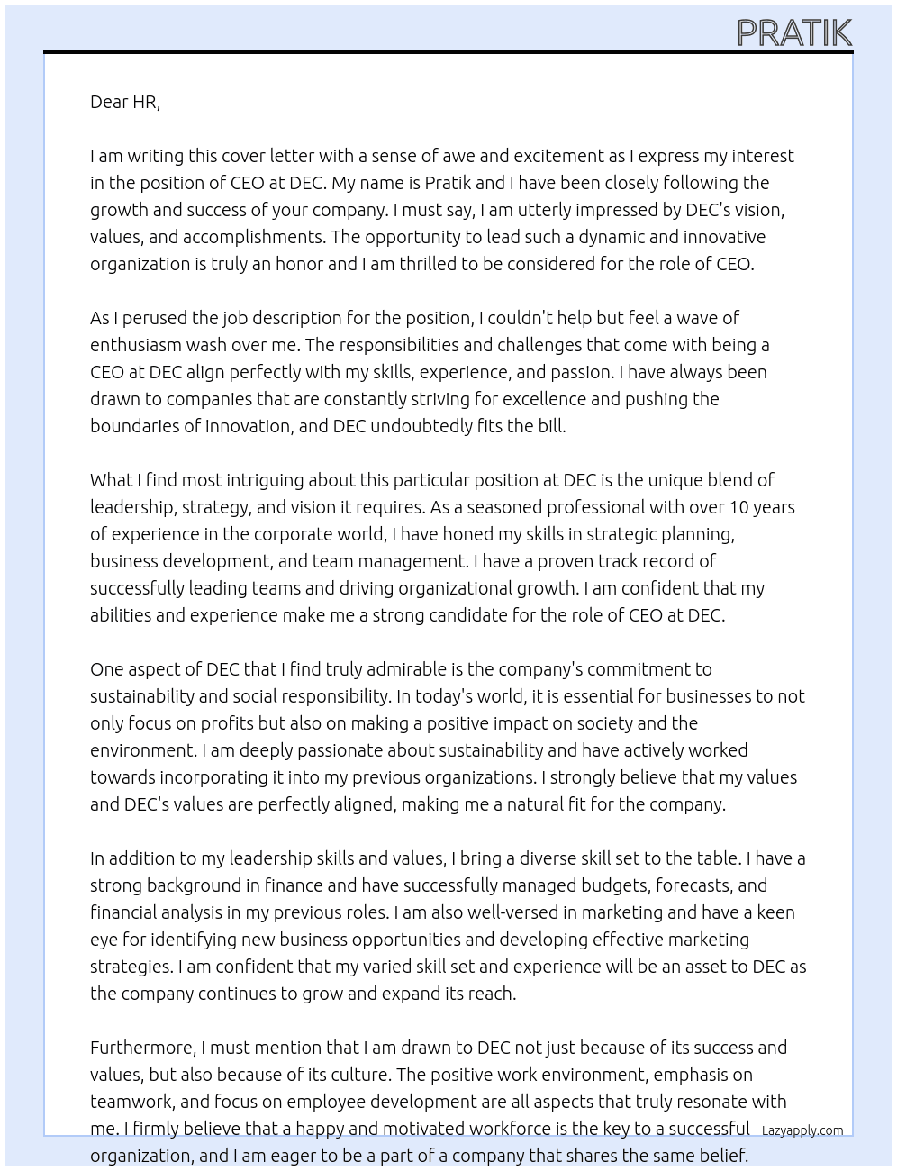 CEO At DEC Cover Letter