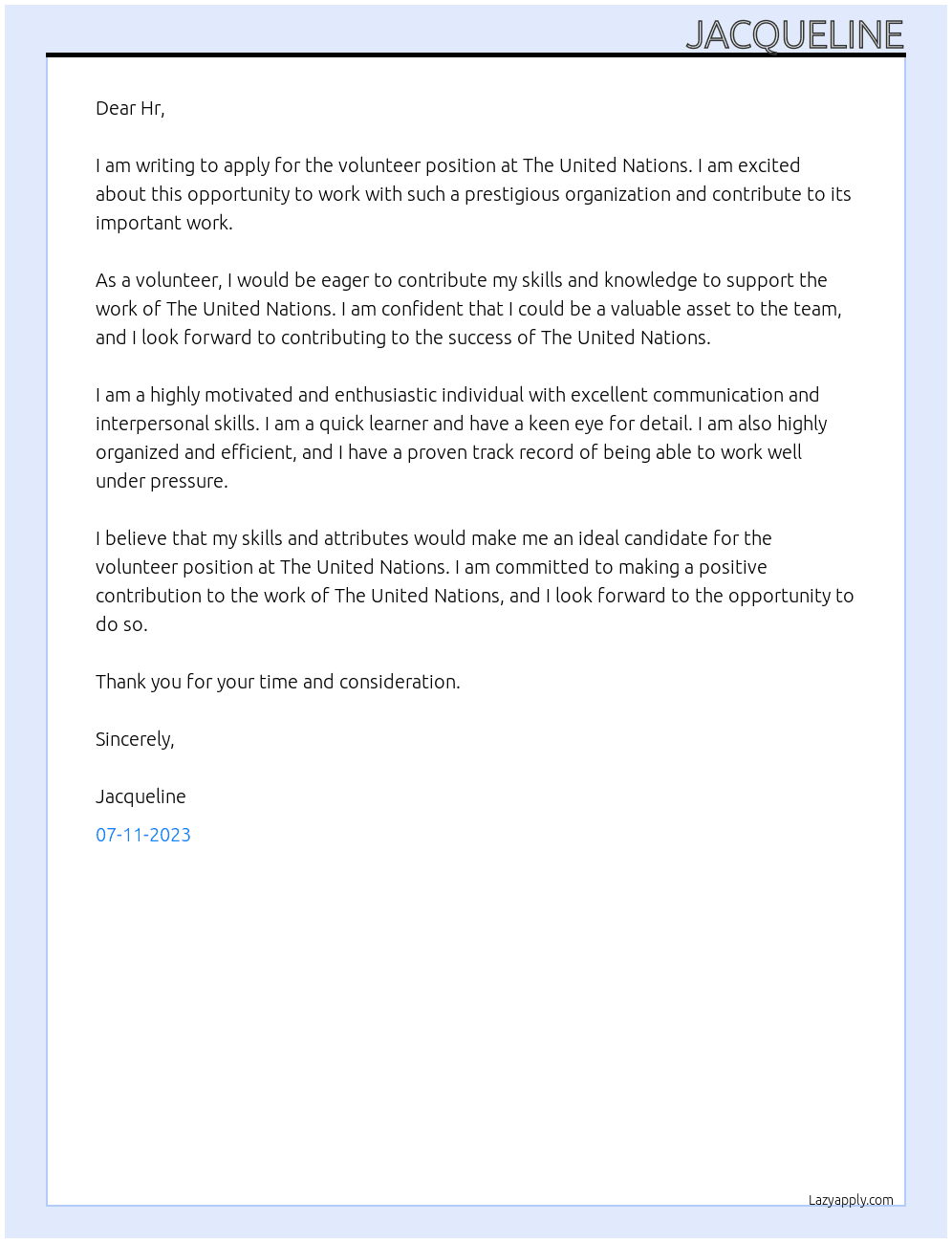 volonteer  At The United Nations  Cover Letter