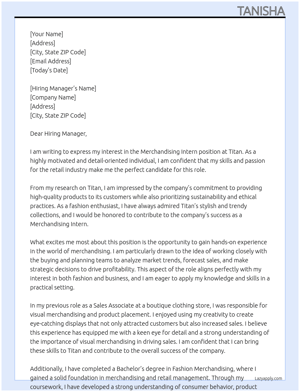 merchandising intern At Titan Cover Letter