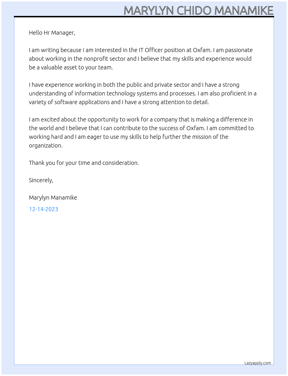 IT Officer  At Oxfam  Cover Letter