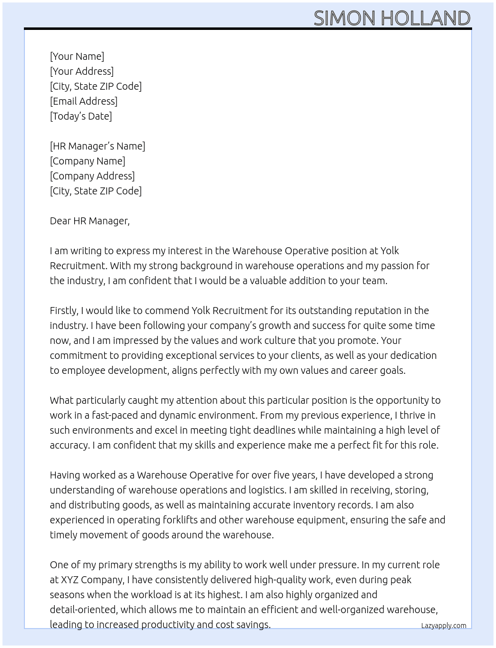 Warehouse Operative At Yolk Recruitment Cover Letter