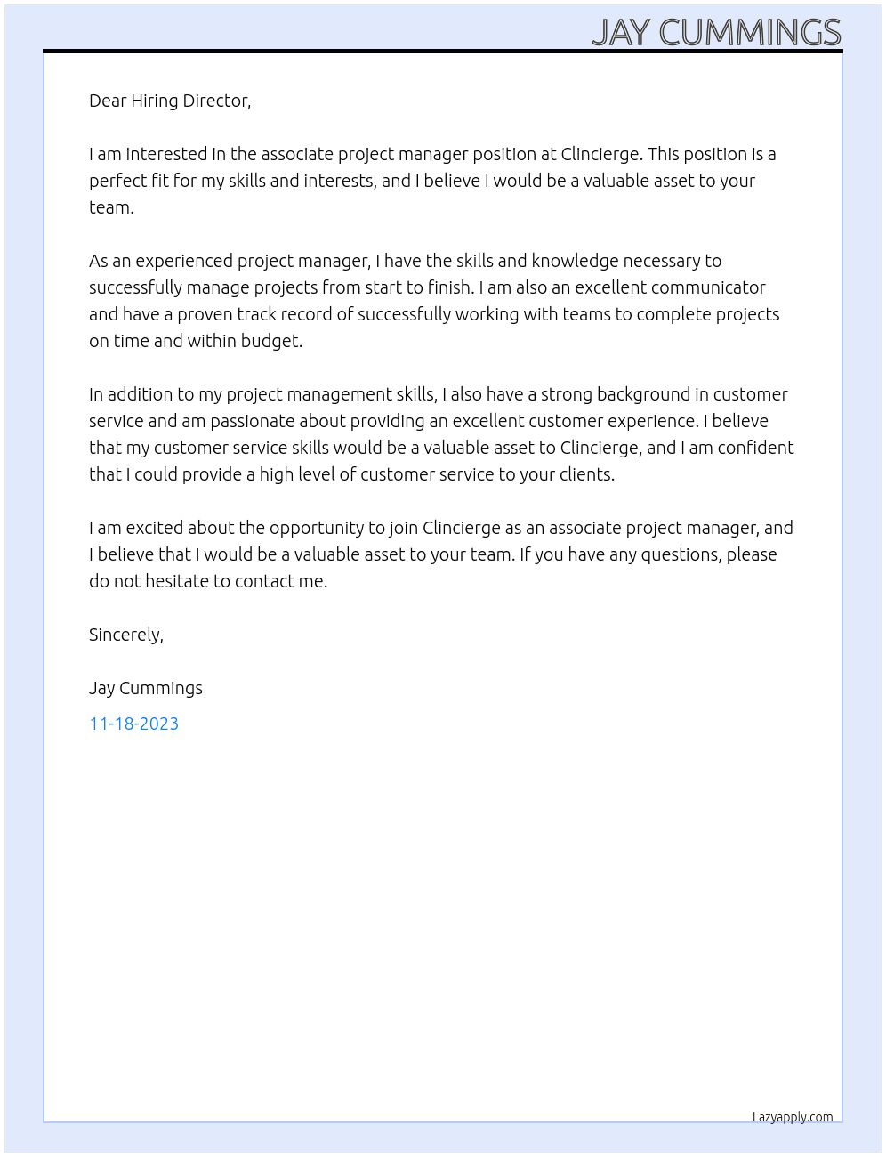 associate project manager At Clincierge Cover Letter
