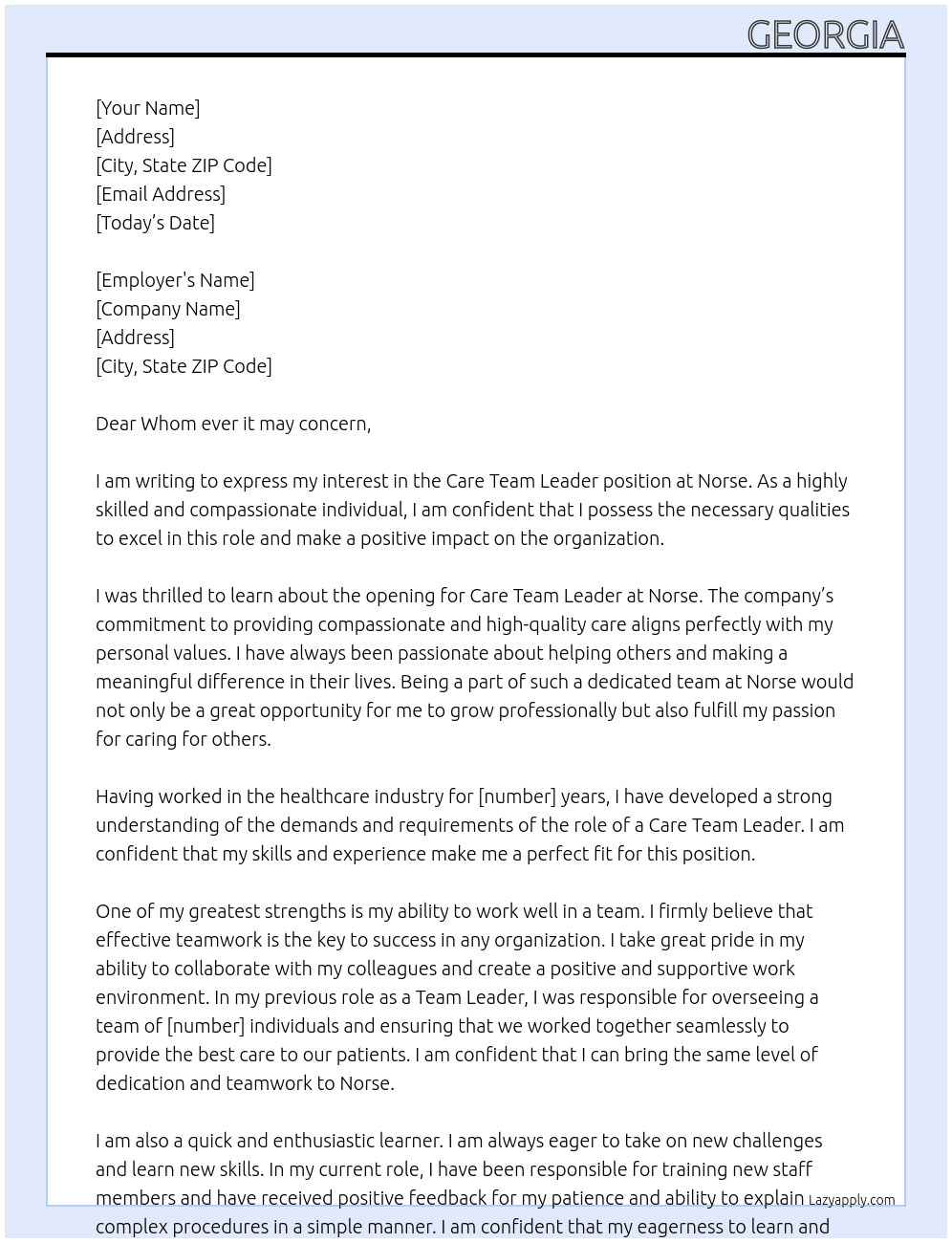Care team leader At Norse Cover Letter