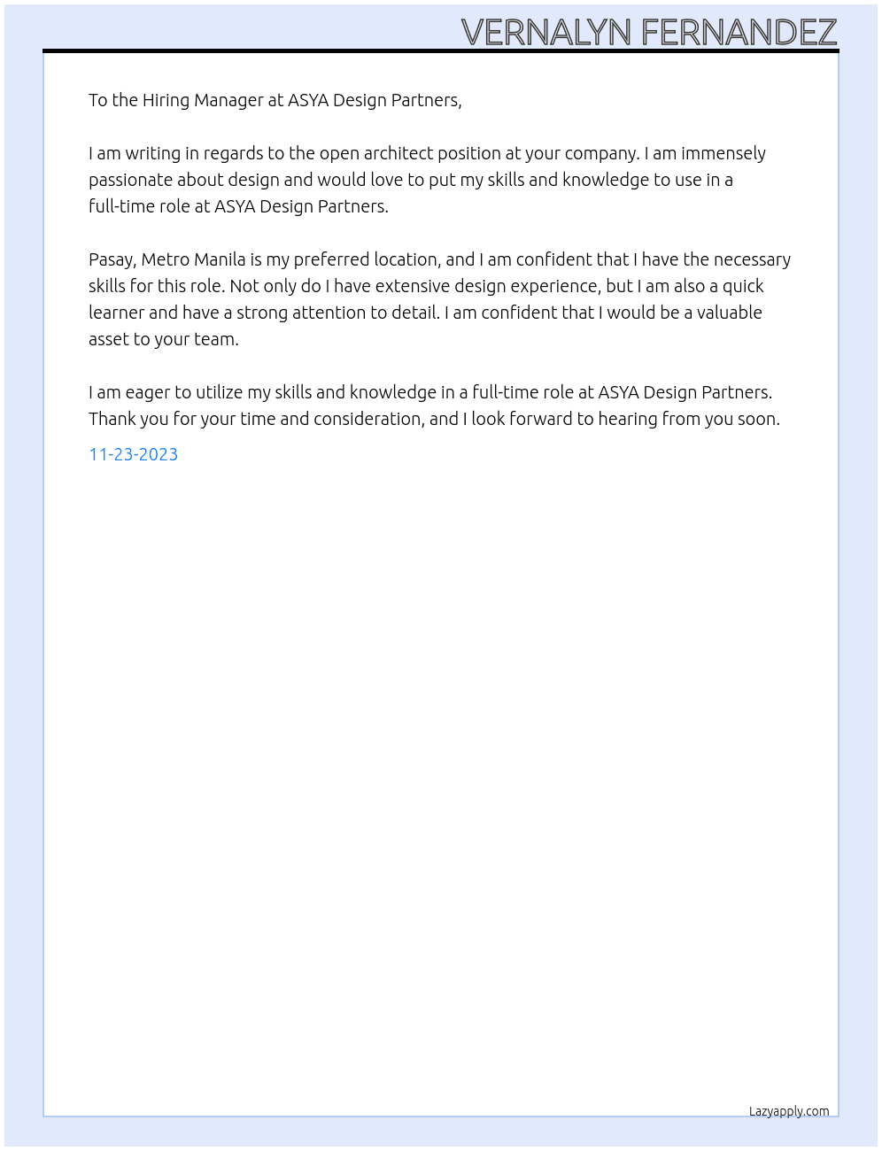 Architect At ASYA Design Partner Cover Letter