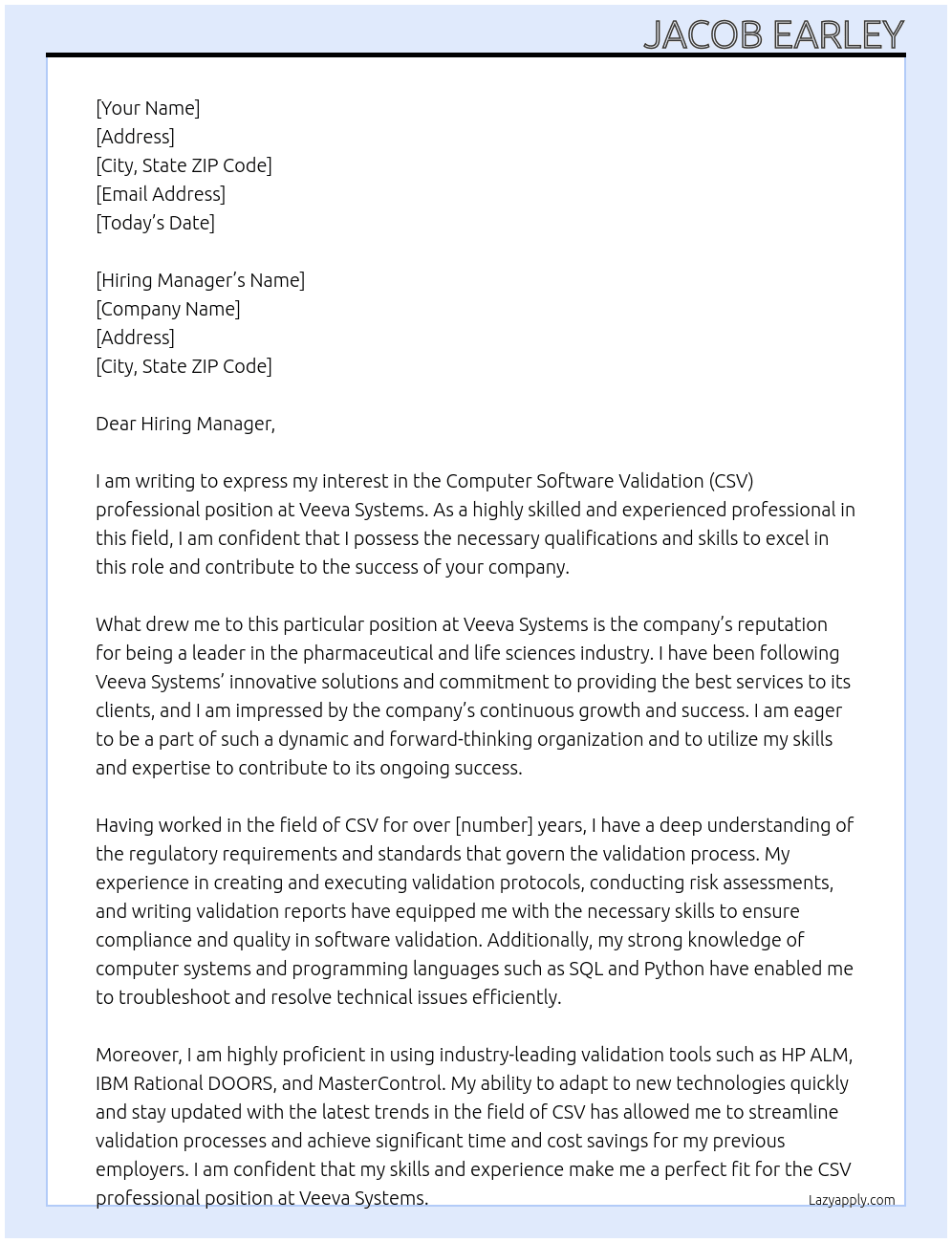Computer Software Validation (CSV) professional At Veeva Systems Cover Letter