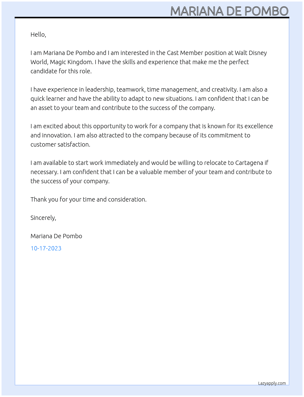 Cast member  At Disney  Cover Letter