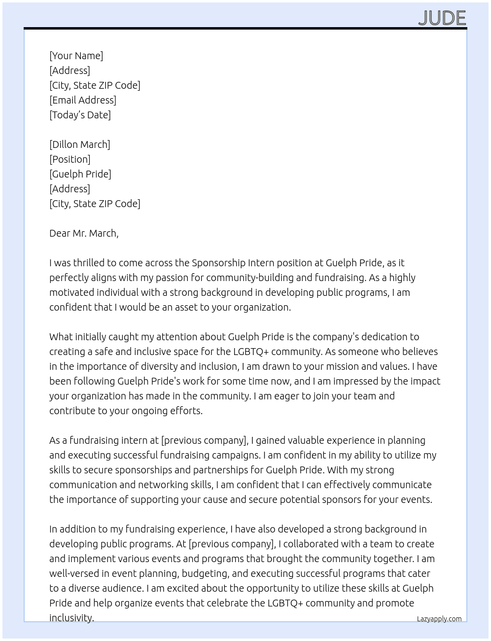 Sponsorship Intern At Guelph Pride Cover Letter