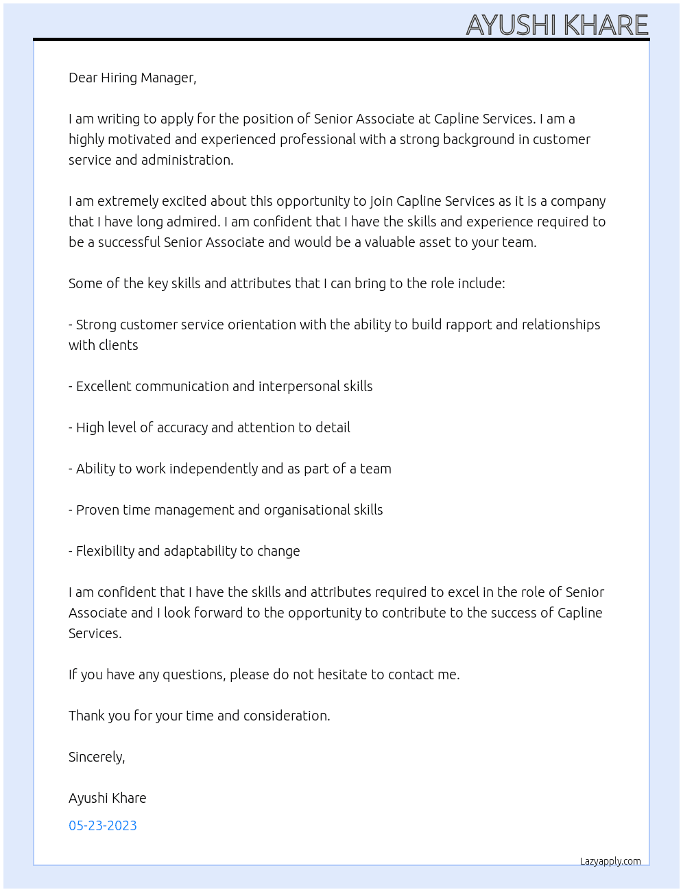 Senior Associate At Capline Services Cover Letter