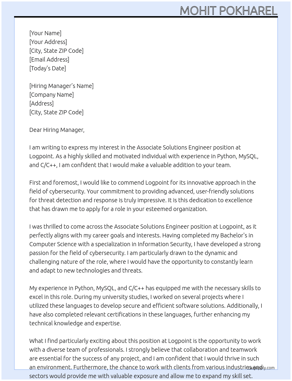 Associate Solutions Engineer At Logpoint Cover Letter