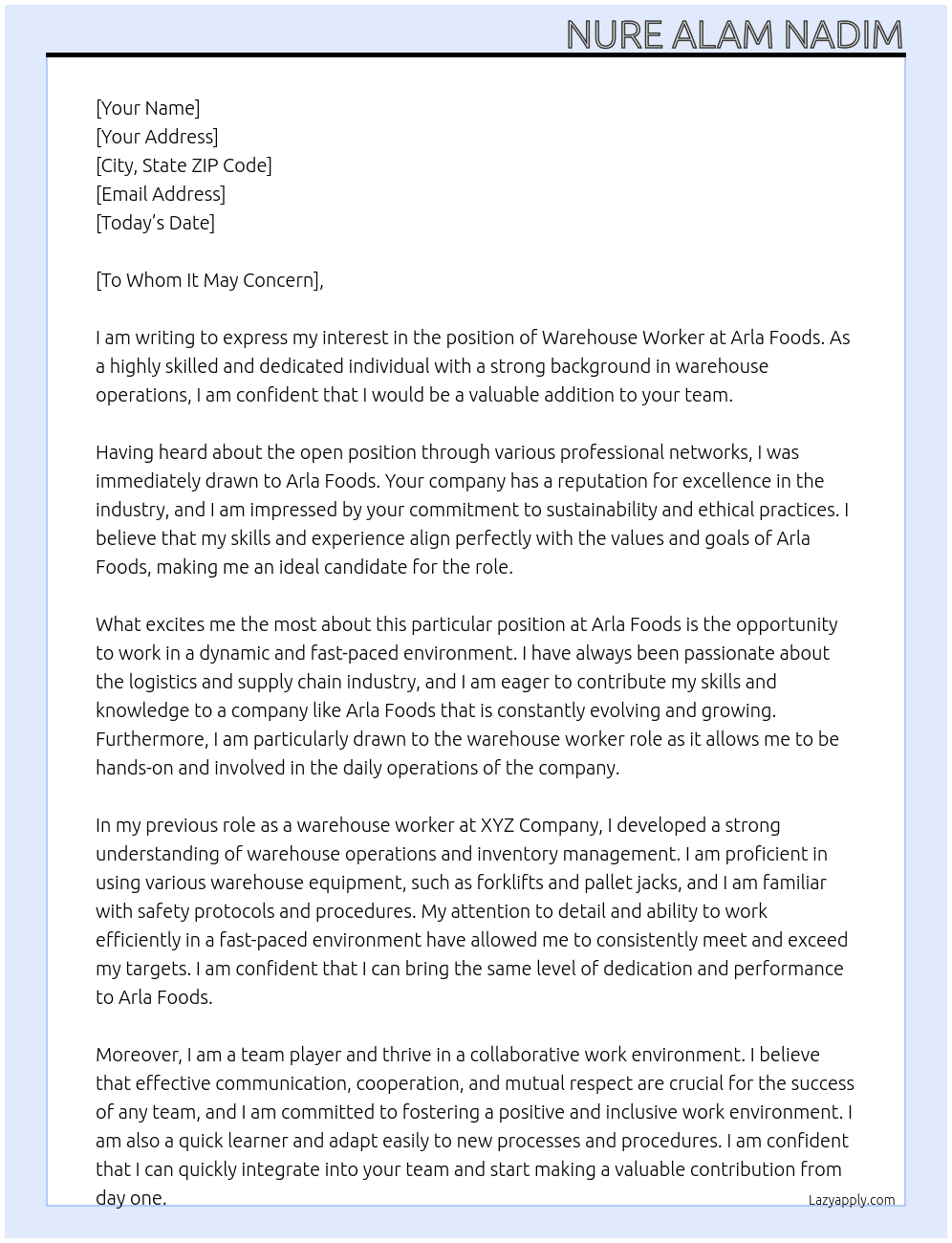 Warehouse Worker At Arla Foods  Cover Letter