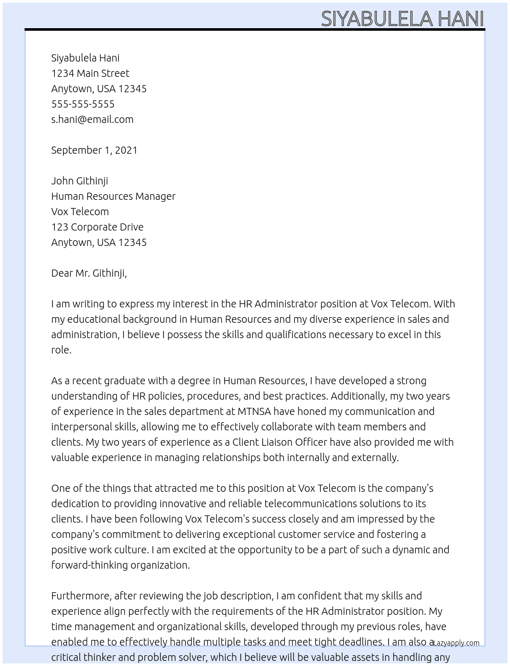 HR administrator At Vox Telecom Cover Letter