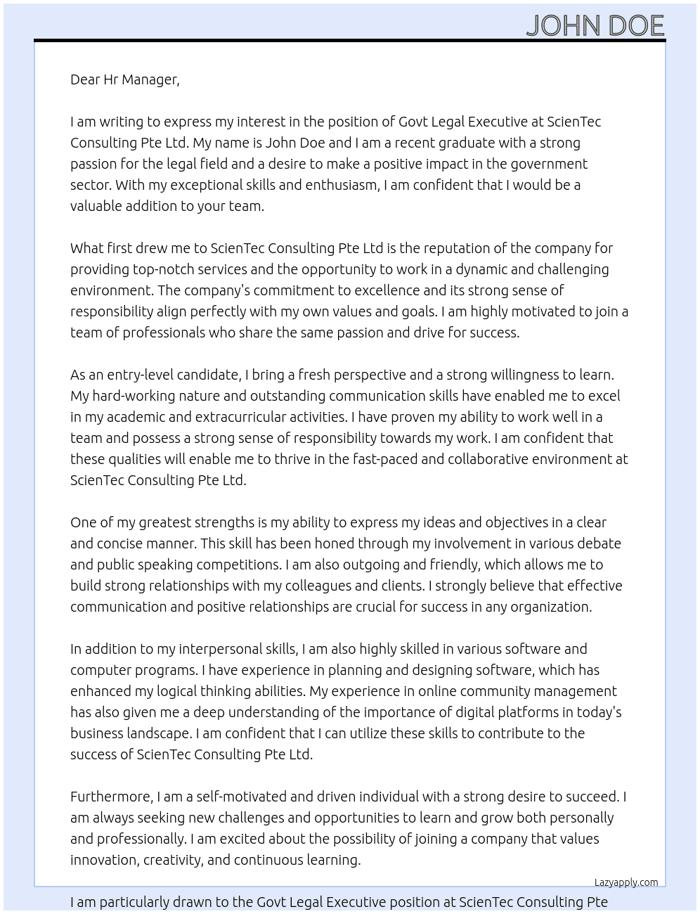 Govt Legal Executive [Entry Level] At ScienTec Consulting Pte Ltd Cover Letter