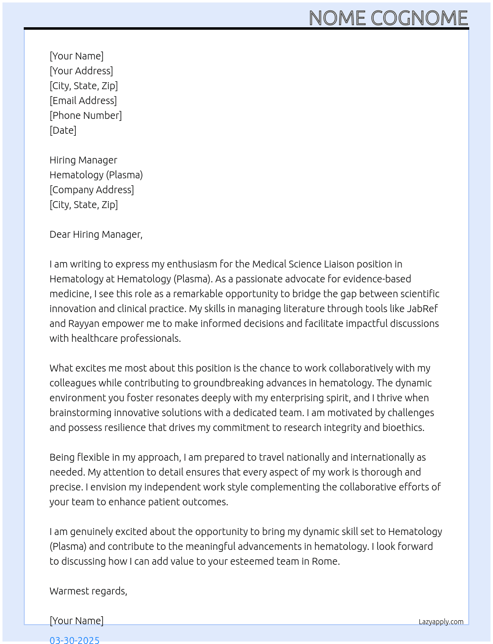 Cover letter for medical science liaison hematology - LazyApply