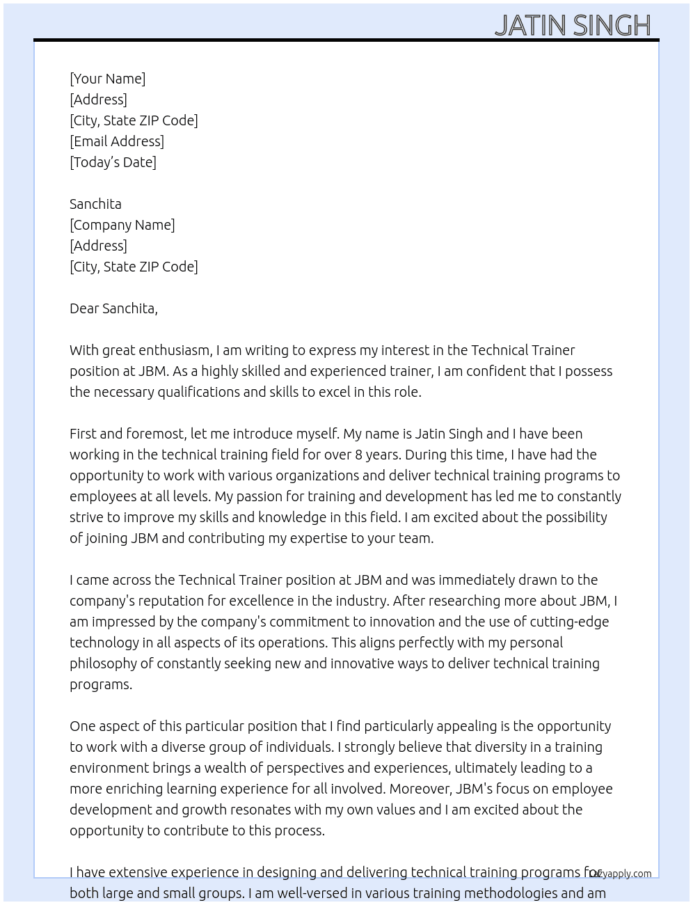 Technical Trainer  At JBM Cover Letter