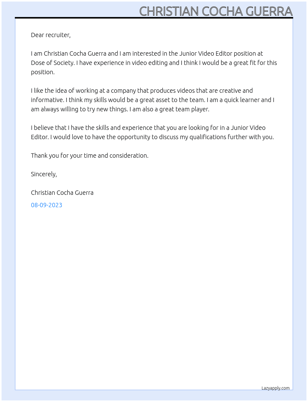 Junior Video Editor At Dose of Society Cover Letter
