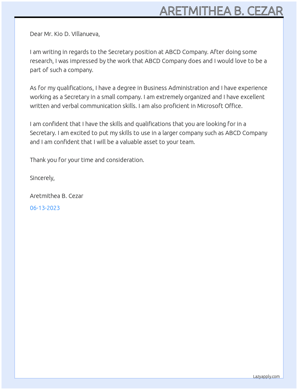 Secretary  At ABCD Company  Cover Letter