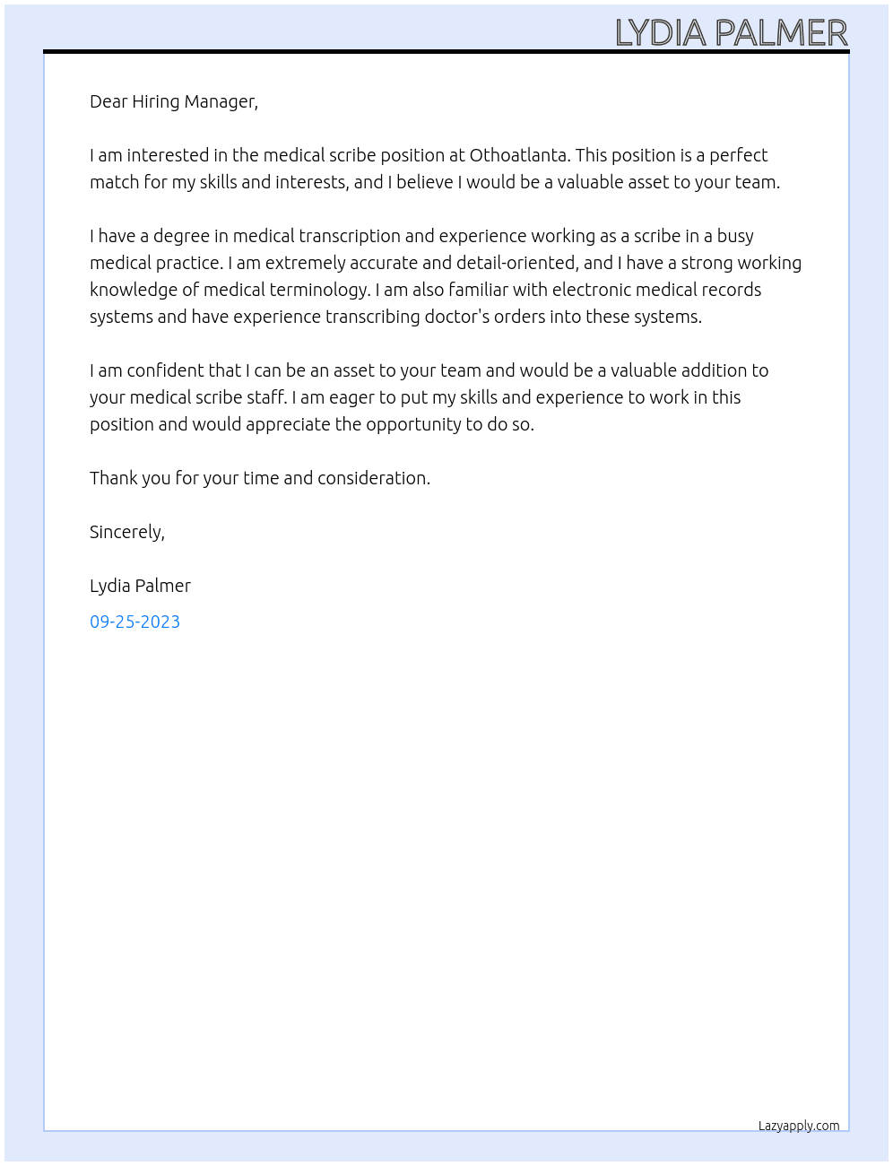 Medical Scribe At Othoatlanta Cover Letter