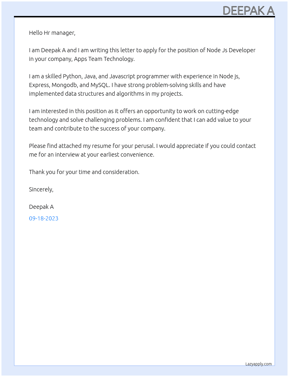 Node Js Developer  At Apps Team Technology  Cover Letter