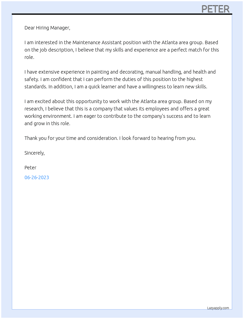 Maintenance assistant  At Atlanta area group  Cover Letter