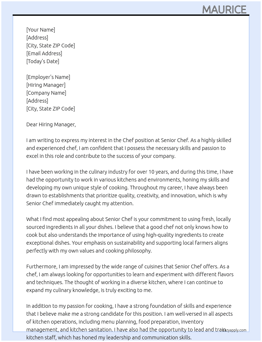 CHEF At SENIOR CHEF Cover Letter