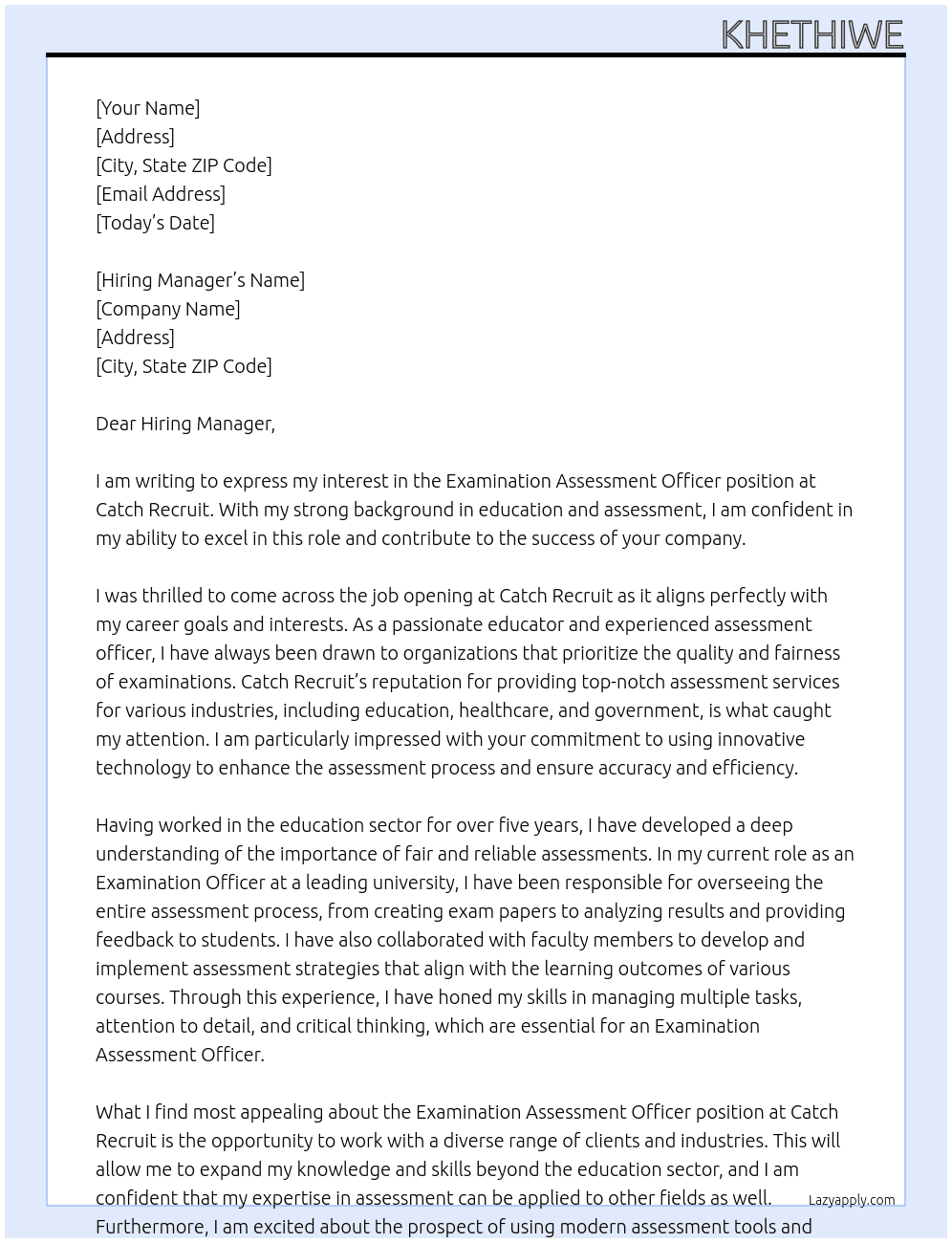 Examination Assessment Officer At Catch Recruit Cover Letter