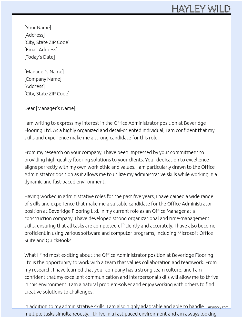 Office Adminstrator At Beveridge Flooring ltd Cover Letter