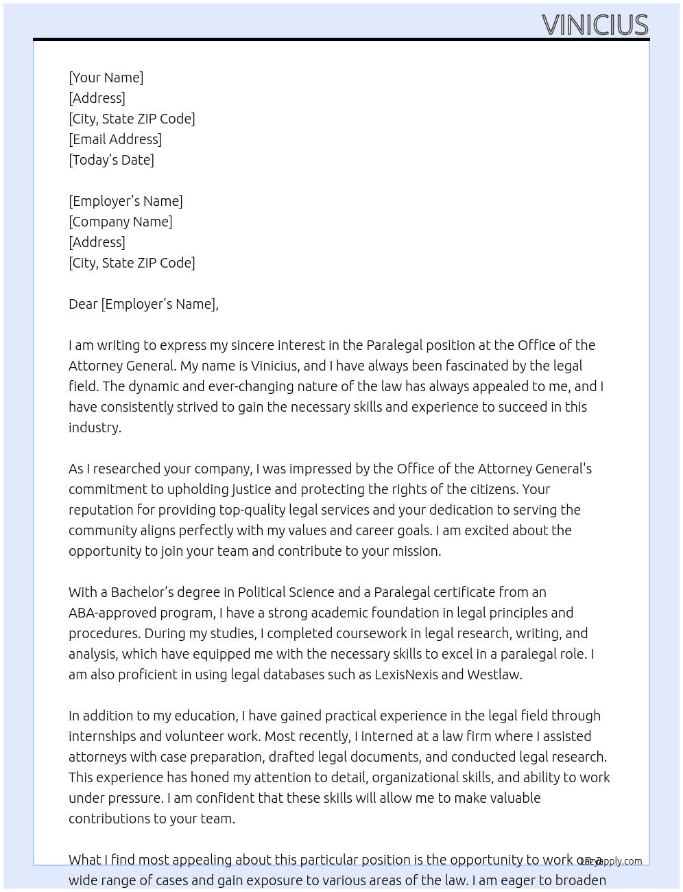Paralegal  At Office of the Attorney General Cover Letter