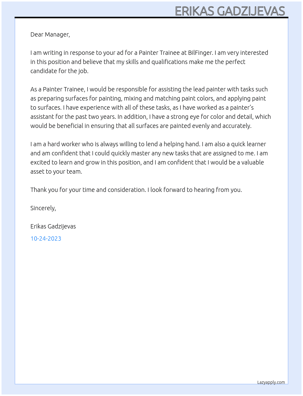 Painter Trainee At BilFinger Cover Letter