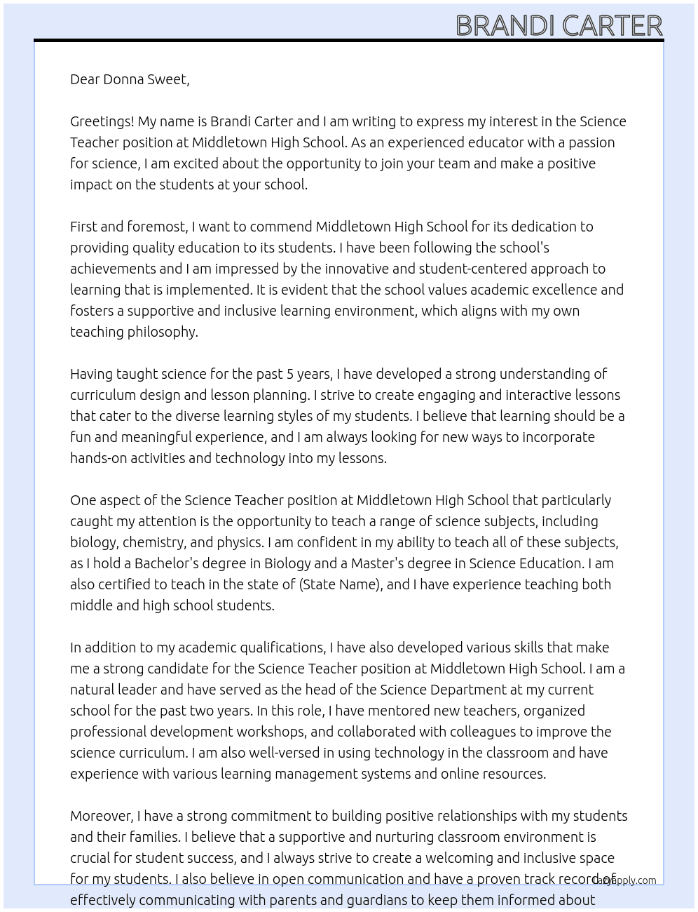 Science teacher At Middletown High School Cover Letter