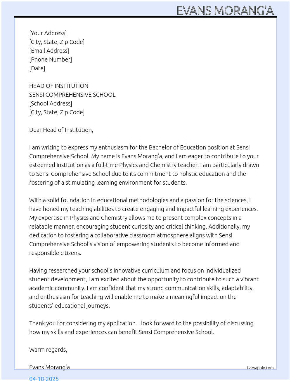 Bachelor of education  At SENSI COMPREHENSIVE SCHOOL Cover Letter