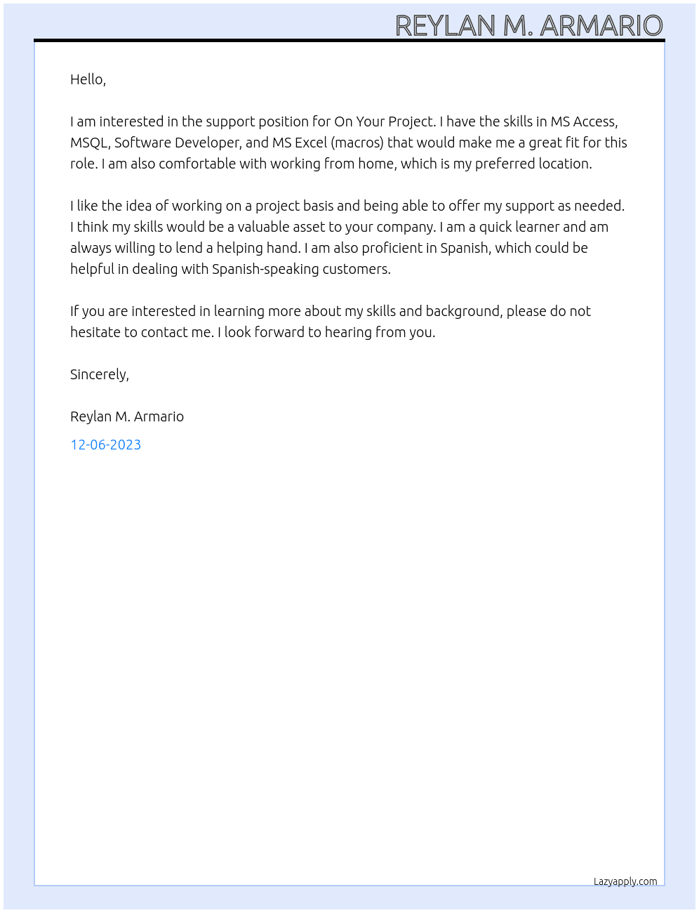 Support Position At On your Project Cover Letter
