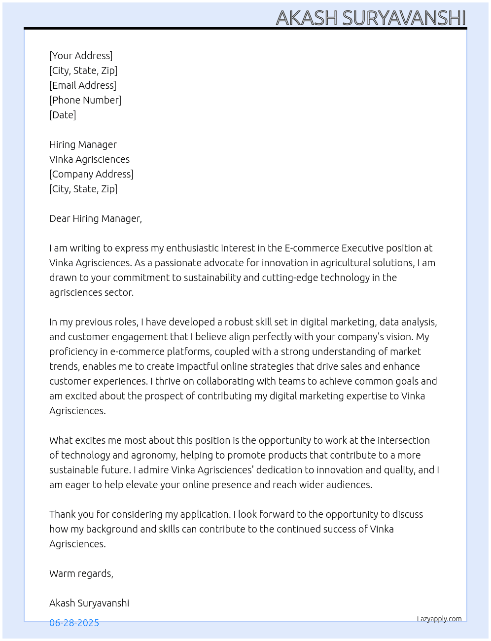 E-commerce Excutive At Vinka Agrisciences Cover Letter
