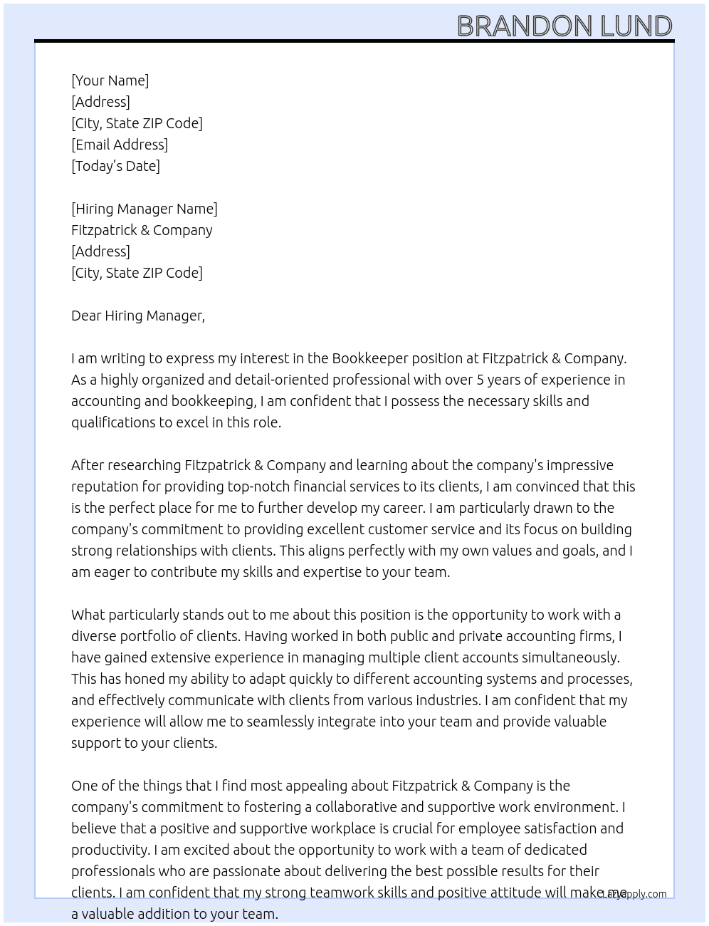 Bookkeeper At Fitzpatrick & Company Cover Letter