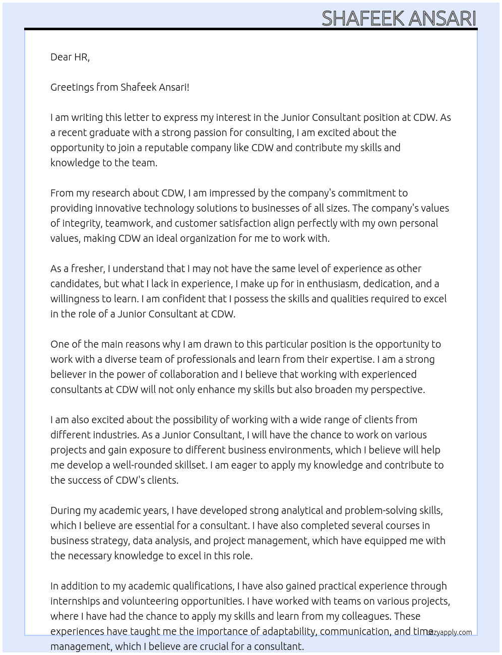 JUNIOR CONSULTANT [ FRESHER] At CDW Cover Letter