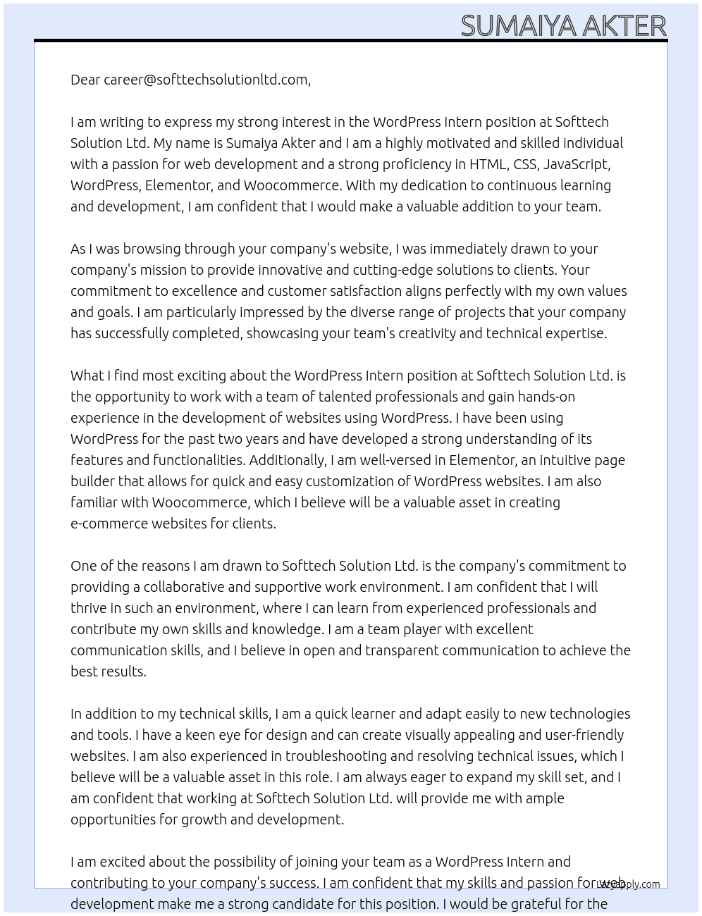 WordPress Intern At Softtech Solution Ltd. Cover Letter
