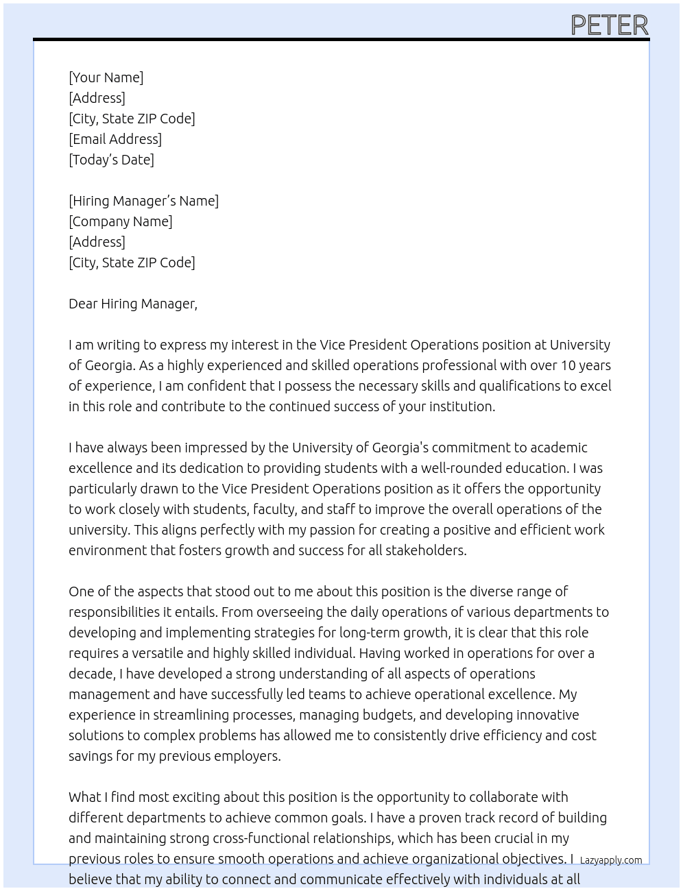 Vice President Operations At University of Georgia Cover Letter