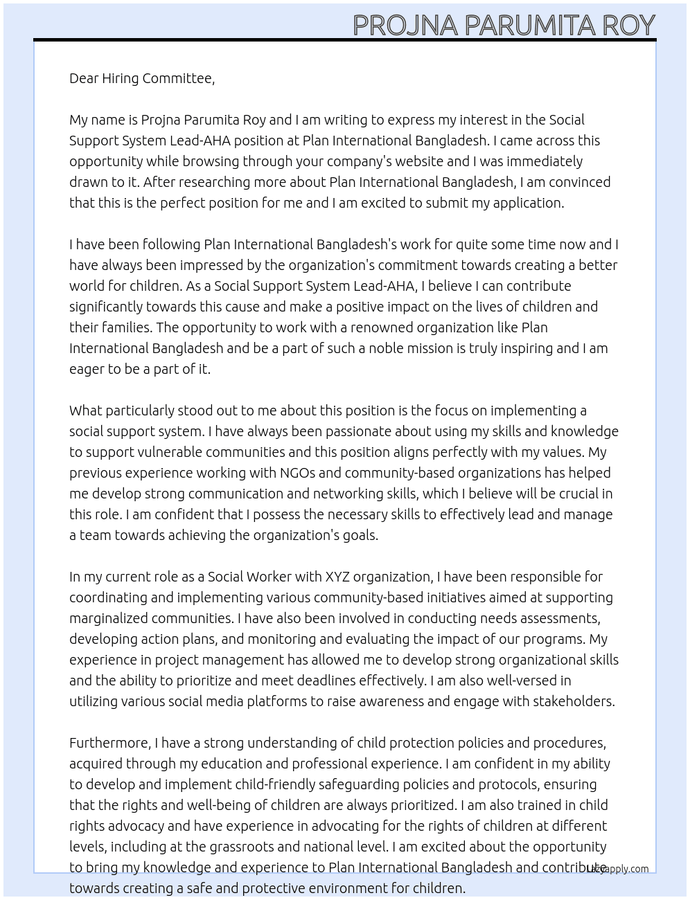 Social Support System Lead-AHA At Plan International Bangladesh Cover Letter