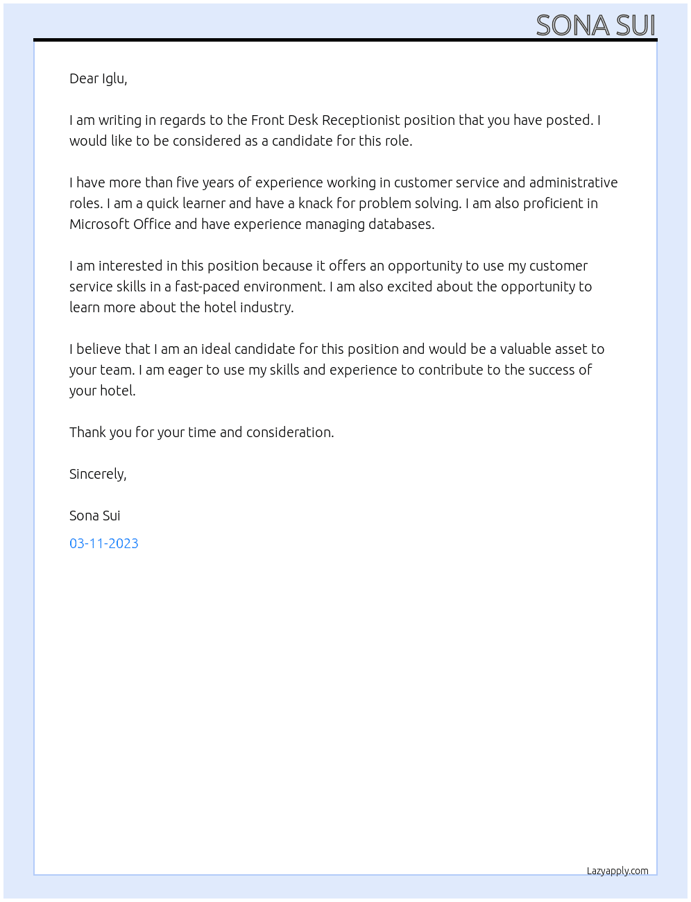 Front Desk Receptionist At Iglu Cover Letter