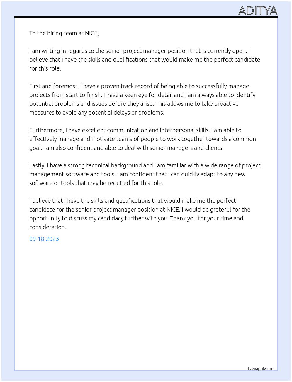 senior project manager At NICE Cover Letter