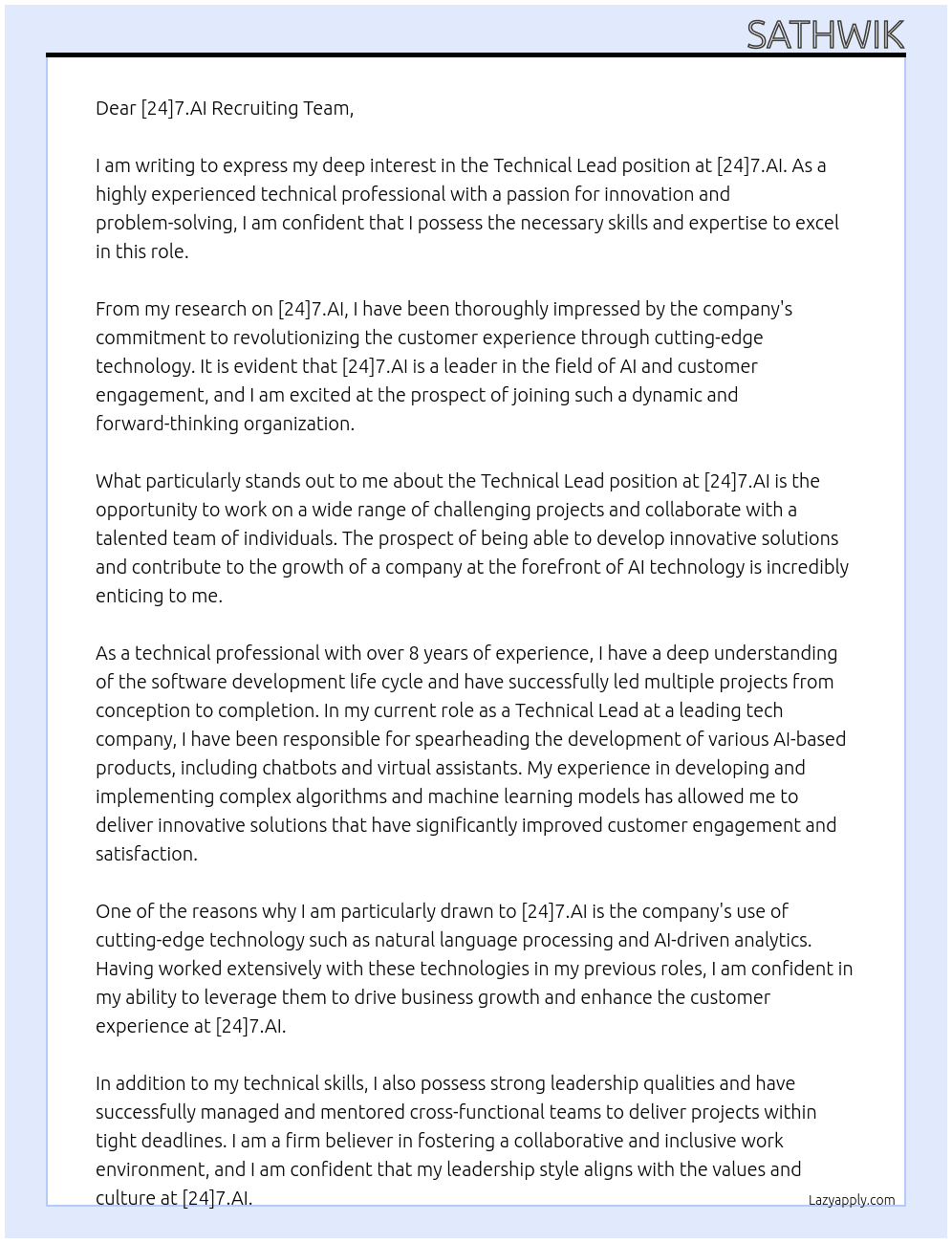 Technical Lead At [24]7.AI Cover Letter
