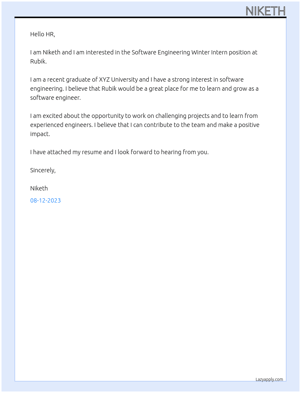 Software Engineering Winter Intern At Rubik Cover Letter