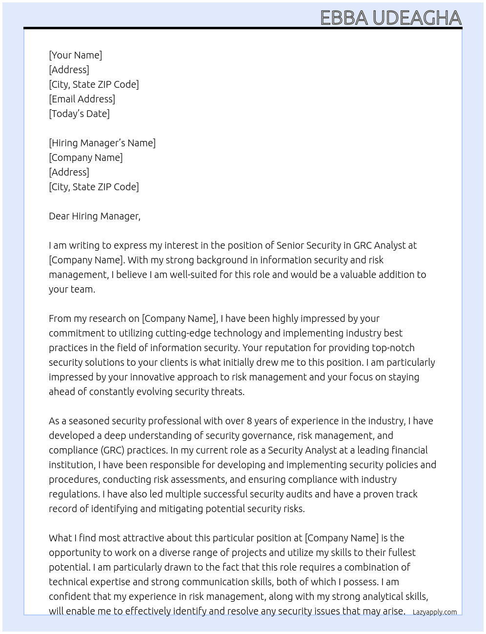 Cover letter for senior security in grc analyst - LazyApply